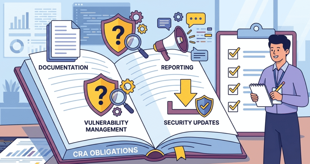 Illustration of a developer reviewing a book of obligations for Open Source and Supply Chain security.