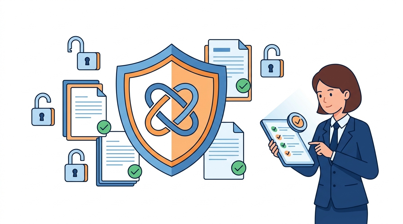 A vector illustration of a professional reviewing a checklist for open source obligations cyber resilience act compliance.