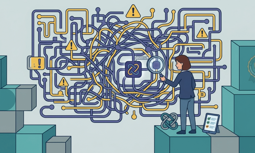 A developer using a magnifying glass to navigate open source obligations cyber resilience act security vulnerabilities.