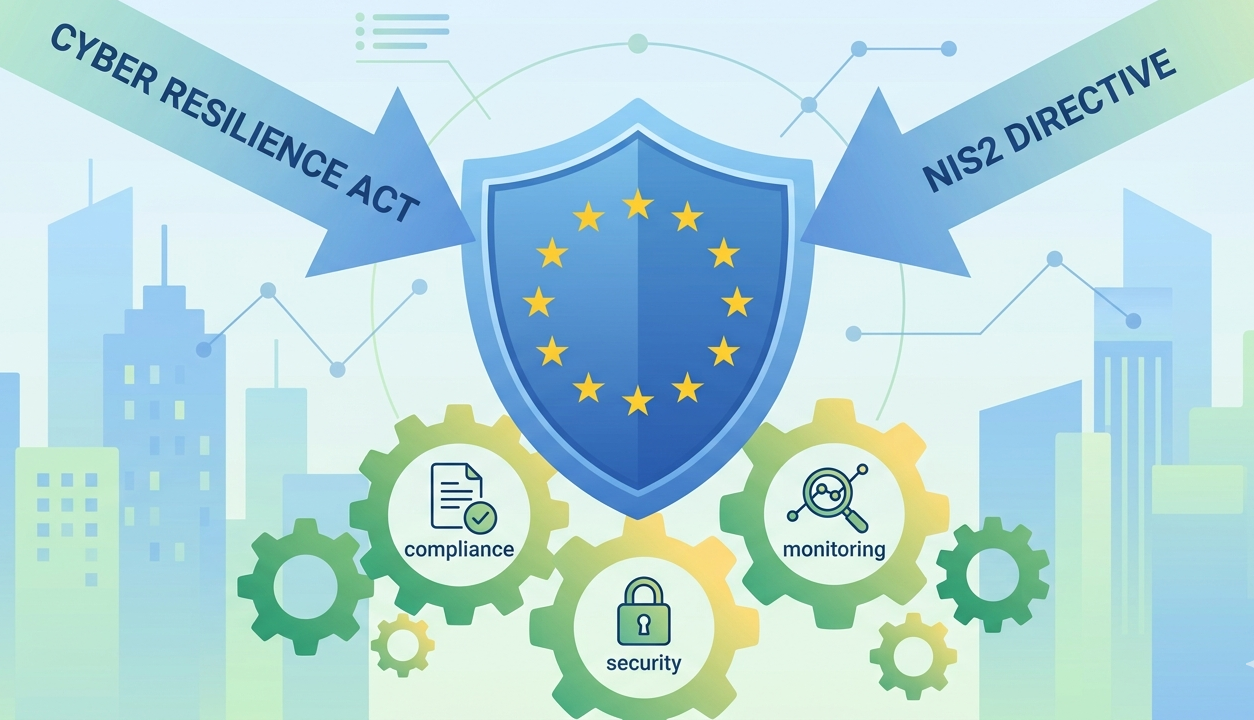 EU cybersecurity law for software infographics comparing CRA's product focus to NIS2's organizational focus.