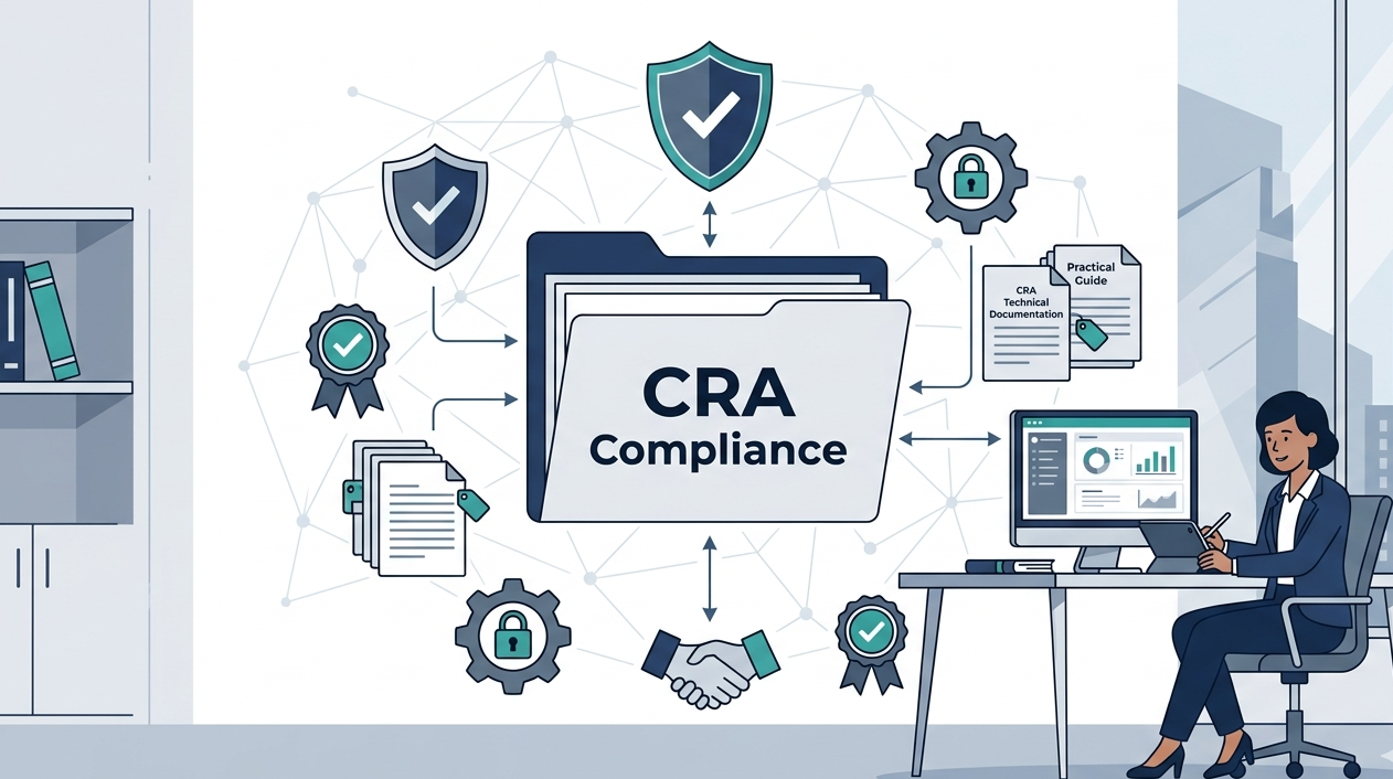 2D illustration of a developer managing Cyber Resilience Act technical documentation for software security.