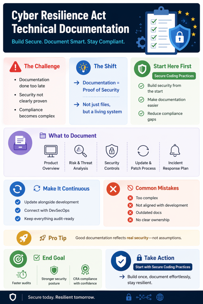 Infographic summary of Cyber Resilience Act technical documentation requirements and compliance steps.