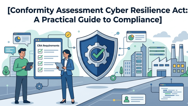 Vector illustration showing a shield and checklist for a conformity assessment cyber resilience act guide.