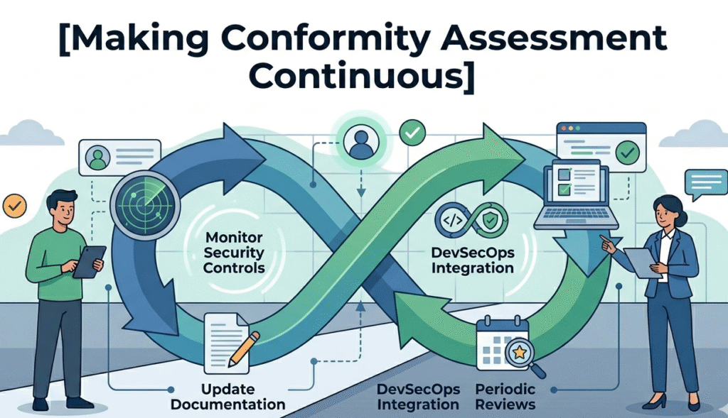 Developer and auditor collaborating on conformity assessment cyber resilience act documentation and audits.