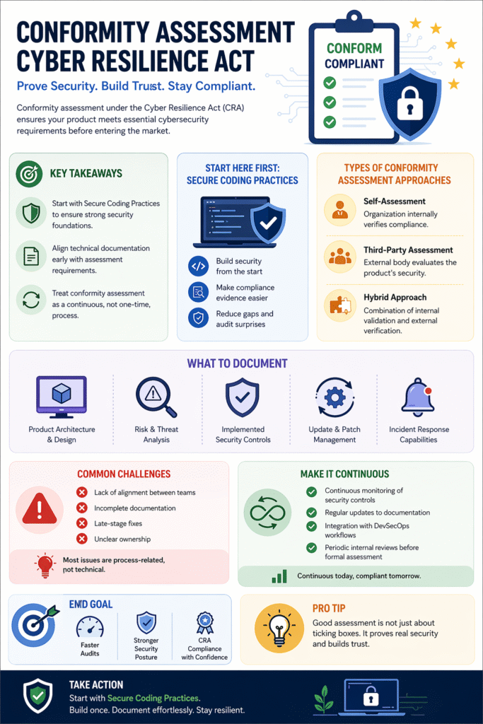 Circular infographic representing continuous conformity assessment cyber resilience act workflows.