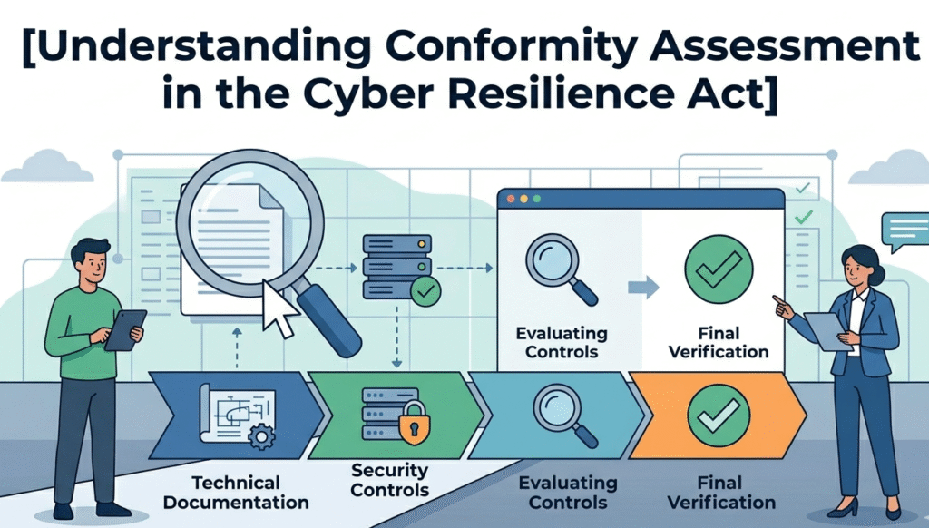 Diagram of a structured path explaining the conformity assessment cyber resilience act verification process.