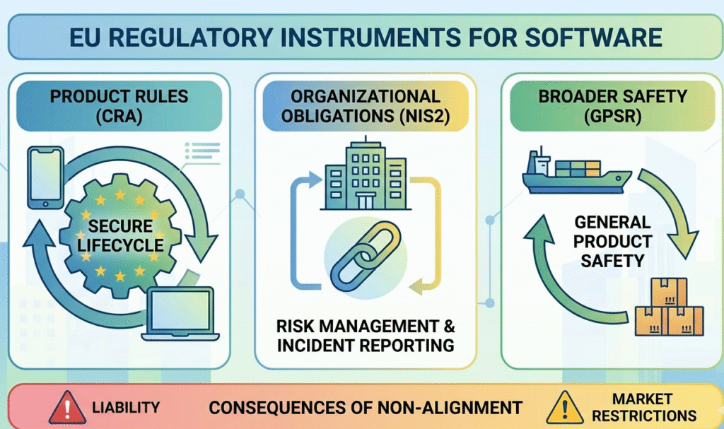 Three charts detail EU cybersecurity law for software, covering product rules and enterprise incident management.