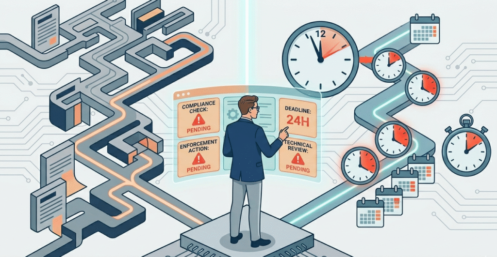 Dashboard showing deadlines and maze for compliance and enforcement challenges.