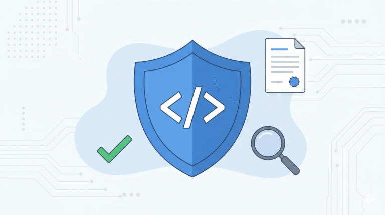 Cyber resilience act compliance for developers illustration with security shield, code brackets, and checkmark.