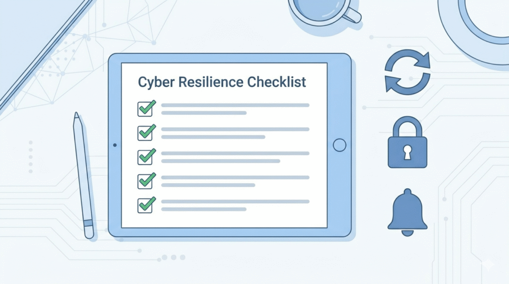 Digital checklist for cyber resilience act compliance for developers featuring security icons and status marks.