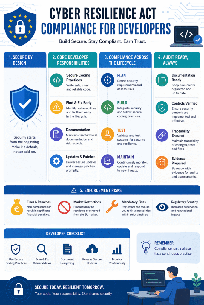 Comprehensive infographic guide on cyber resilience act compliance for developers and secure software practices.