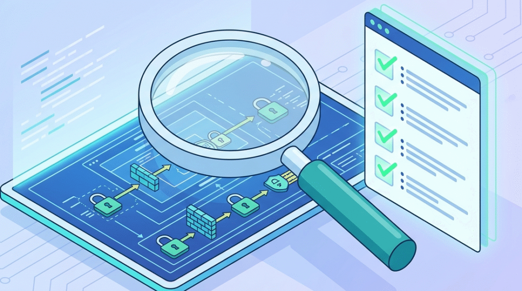 A magnifying glass inspects a digital blueprint next to a Cyber Resilience Act compliance roadmap checklist.