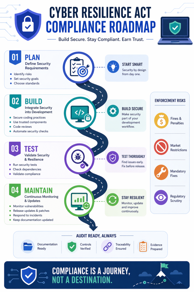 A detailed infographic showing the four key stages of a Cyber Resilience Act compliance roadmap.