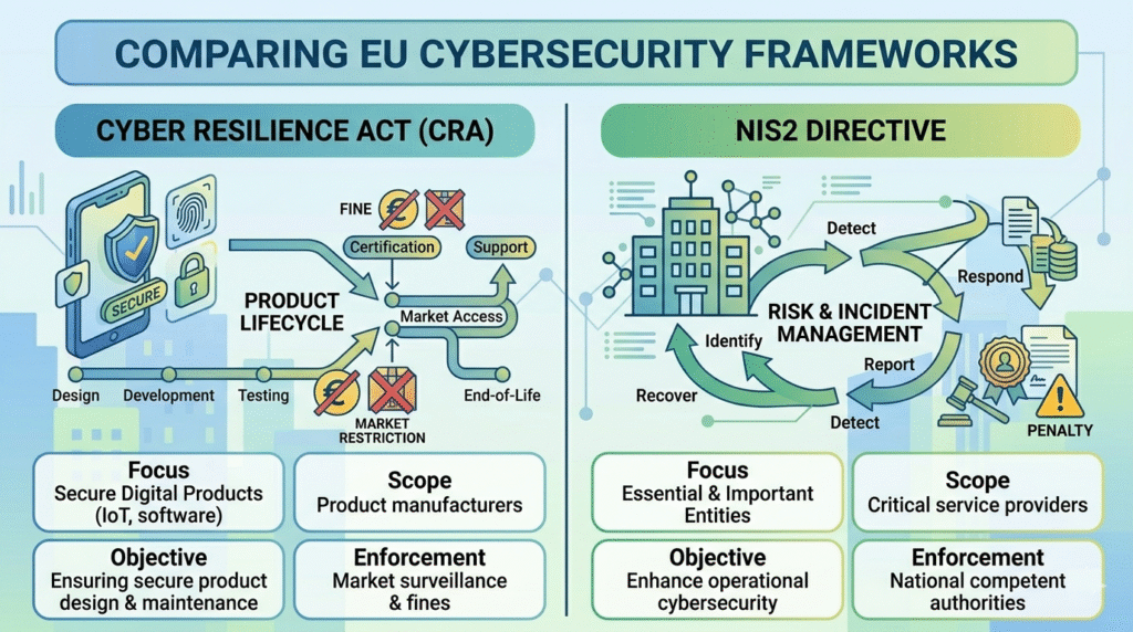 A side-by-side breakdown of key elements in EU cybersecurity law for software: CRA and NIS2.