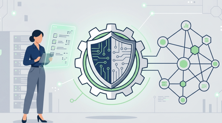 Woman reviewing digital checklist for Cyber Resilience Act audit preparation featuring a secure shield and gear icon.