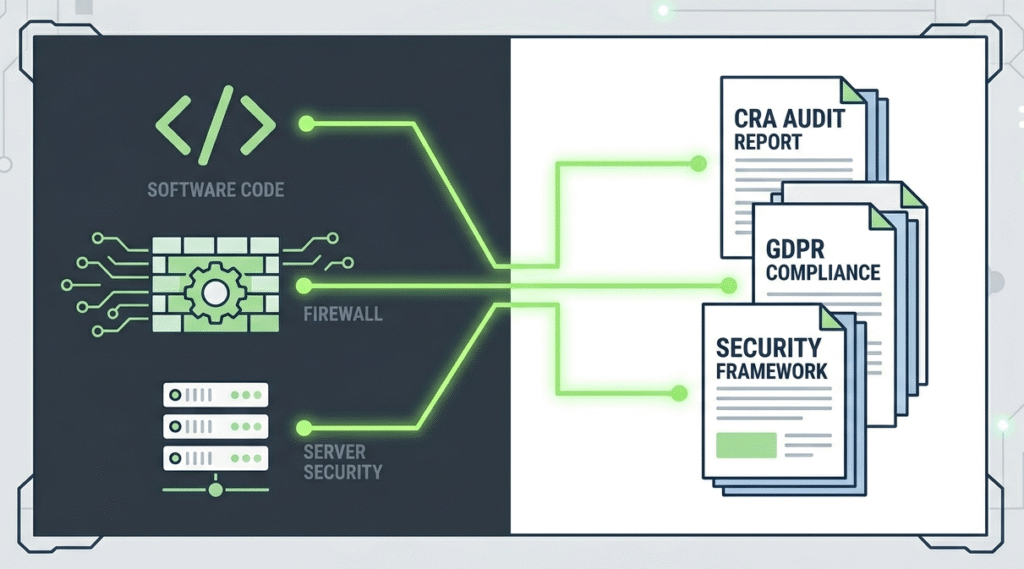 Technical icons mapped to compliance reports with glowing lines for Cyber Resilience Act audit preparation evidence.