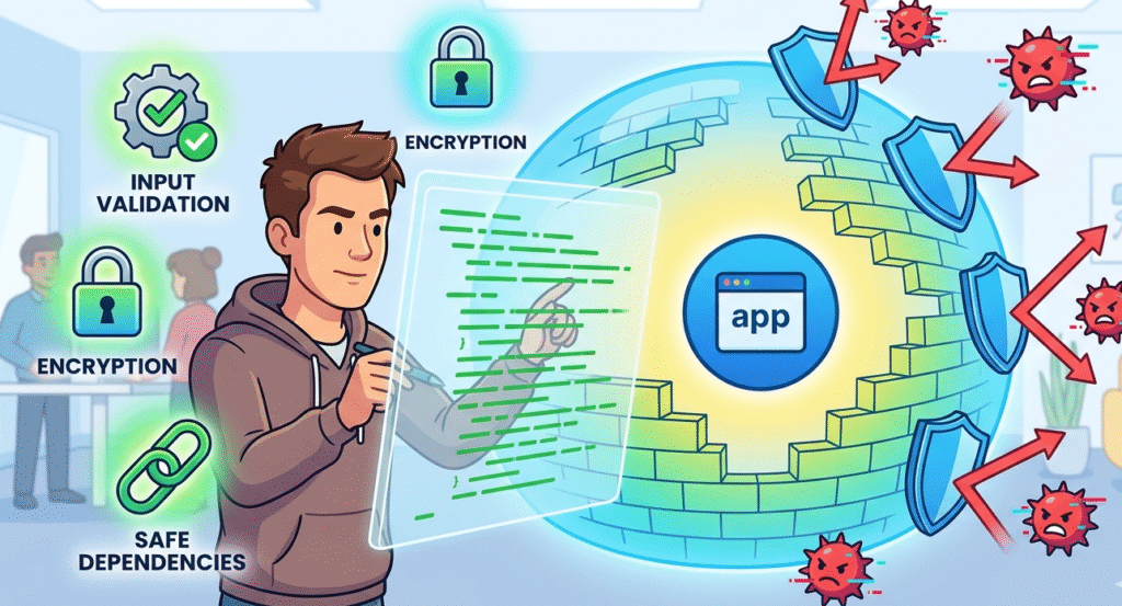 Developer using secure coding to prevent fines penalties cyber resilience act software risks with encryption and shields.