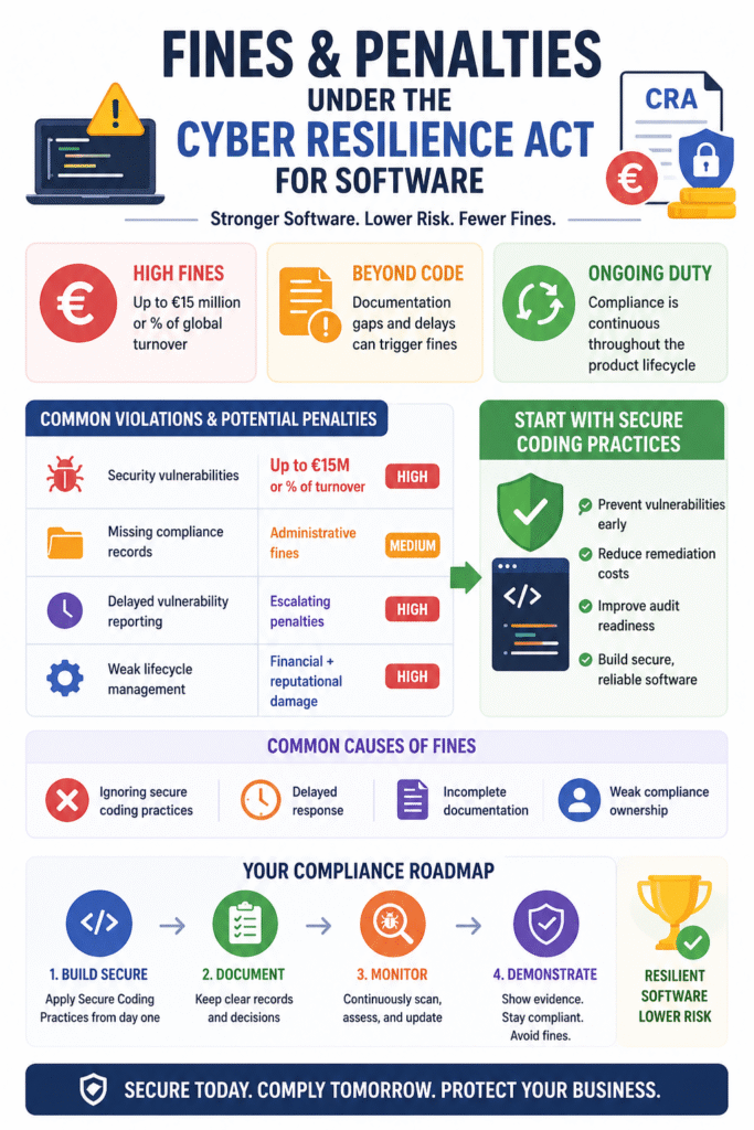 Infographic on fines penalties cyber resilience act software showing compliance roadmaps and potential violation costs.