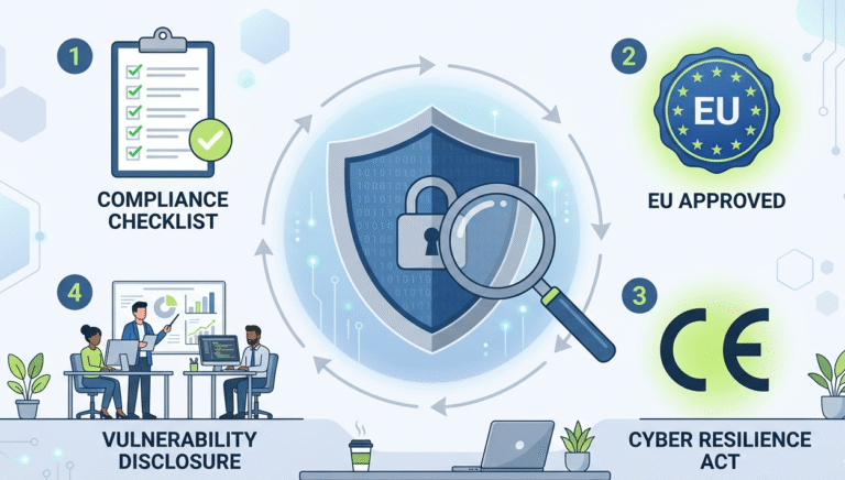 2D vector graphic highlighting the Cyber Resilience Act certification process with compliance and EU seal icons.