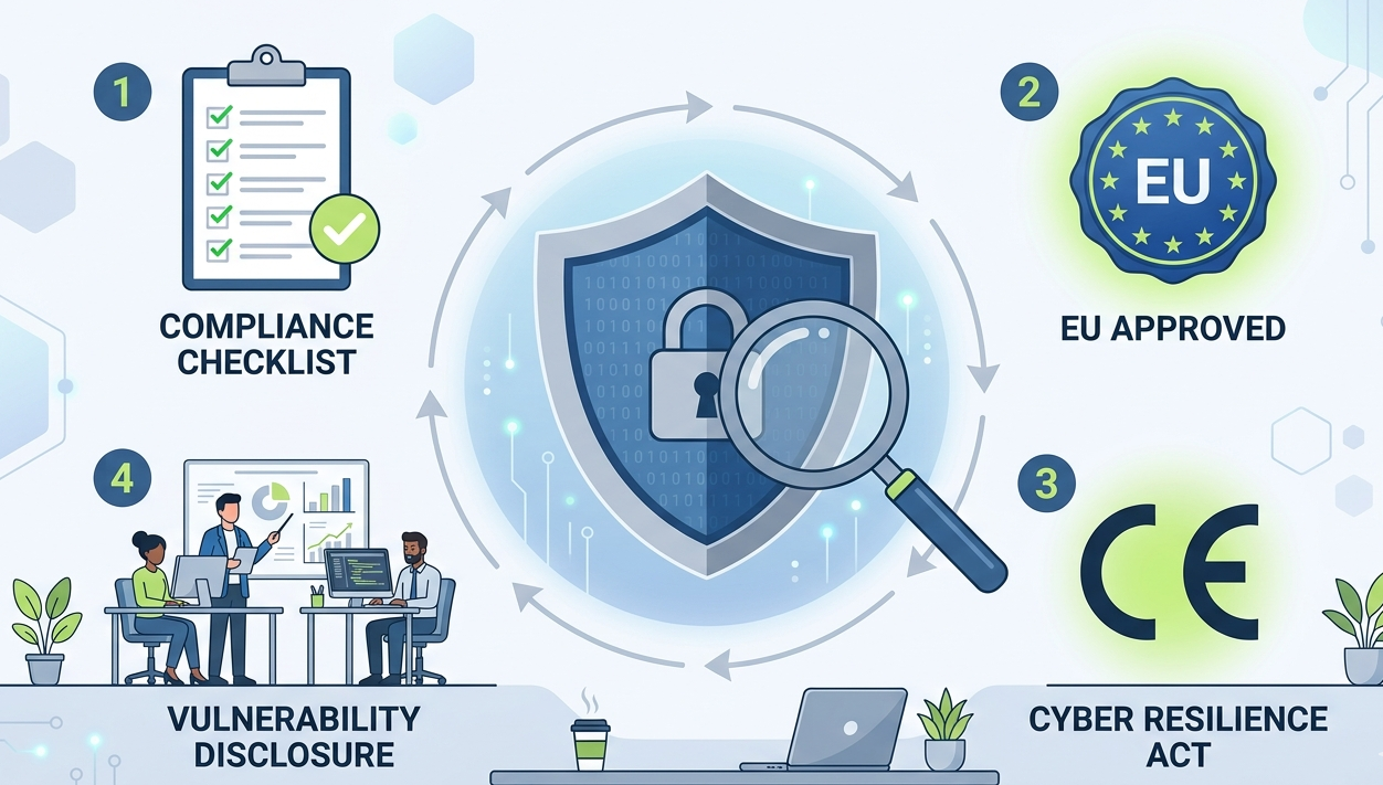 2D vector graphic highlighting the Cyber Resilience Act certification process with compliance and EU seal icons.