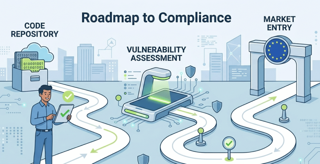 A roadmap to compliance showing the Cyber Resilience Act certification process from code repository to market entry.