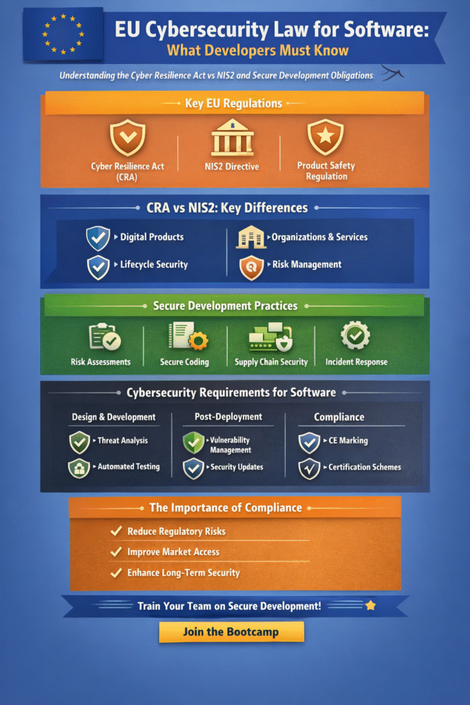 Comparing EU cybersecurity law for software. CRA covers products, NIS2 covers entities and risk reporting.