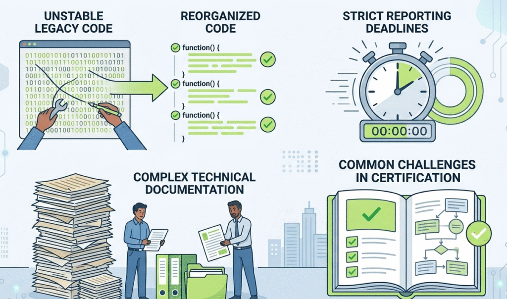Illustration of common hurdles in the Cyber Resilience Act certification process like legacy code and deadlines.