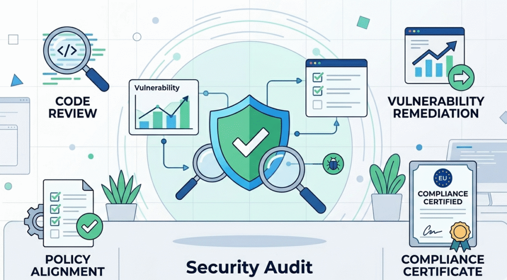Vector illustration of a security audit for practical implementation of CRA compliance and certification. 