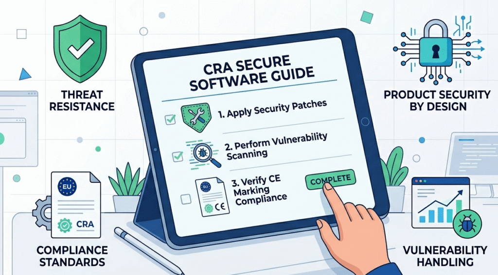 A digital guide showing the practical implementation of CRA secure software steps on a tablet screen. 