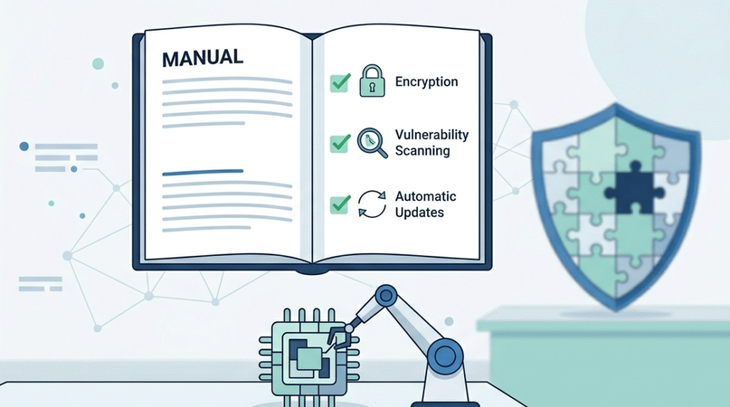 Digital manual for a CRA Secure Software Implementation Guide showing encryption and vulnerability scans. 
