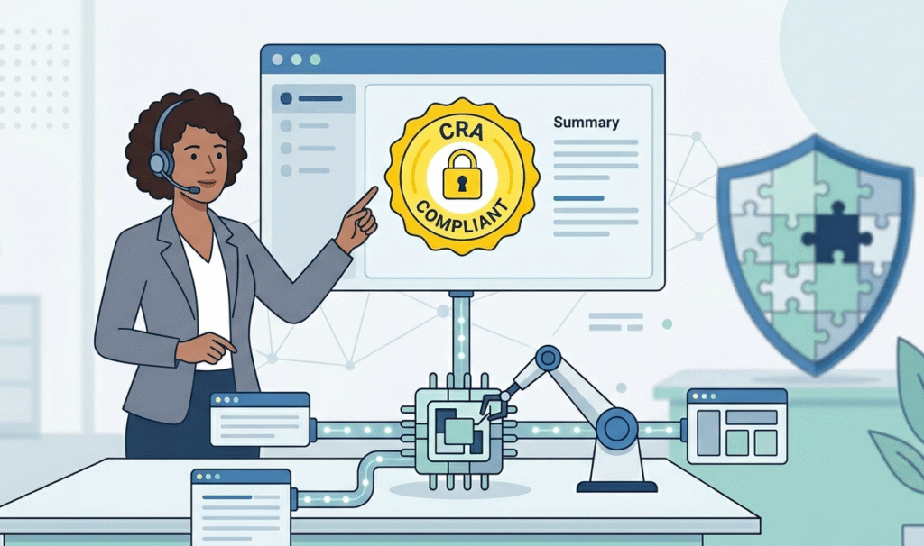 Developer building a shield puzzle for the CRA Secure Software Implementation Guide and cybersecurity. 