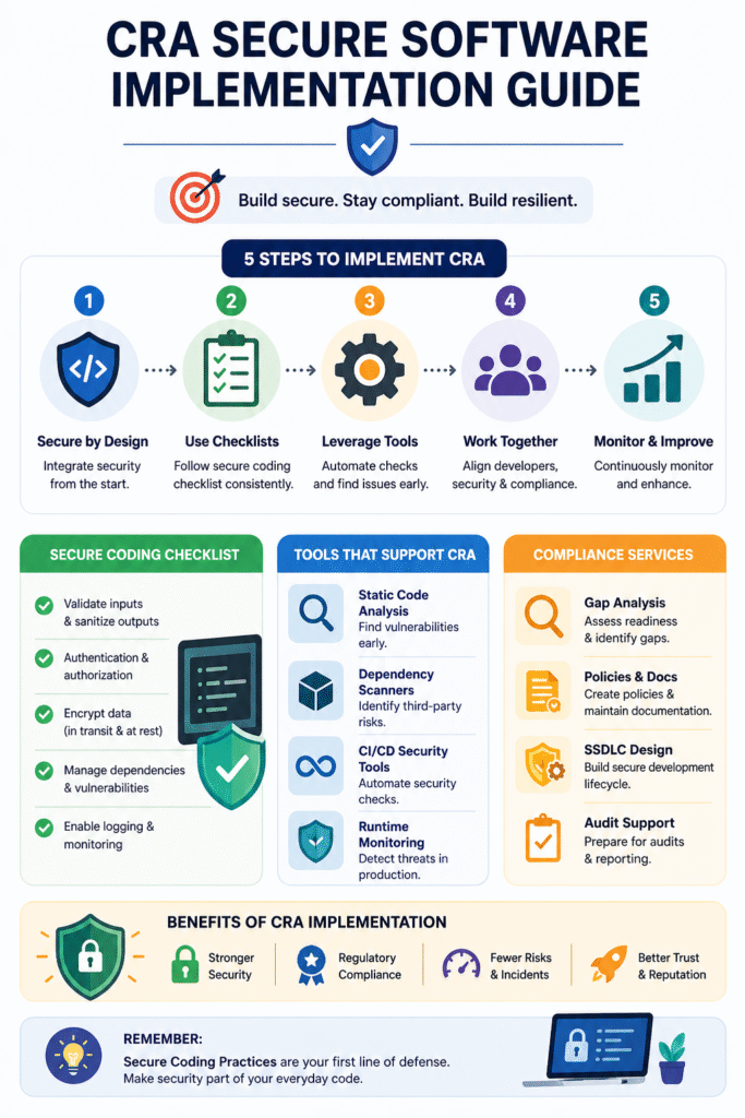 Comprehensive CRA Secure Software Implementation Guide infographic with 5 steps and compliance services.