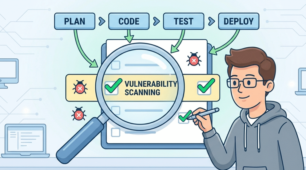Developer integrates Cyber Resilience Act secure coding checklist into SDLC stages, focusing on vulnerability scanning.