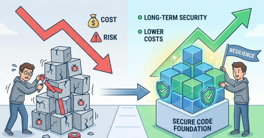 Developer uses Cyber Resilience Act secure coding checklist to build a secure software foundation from cracked blocks.