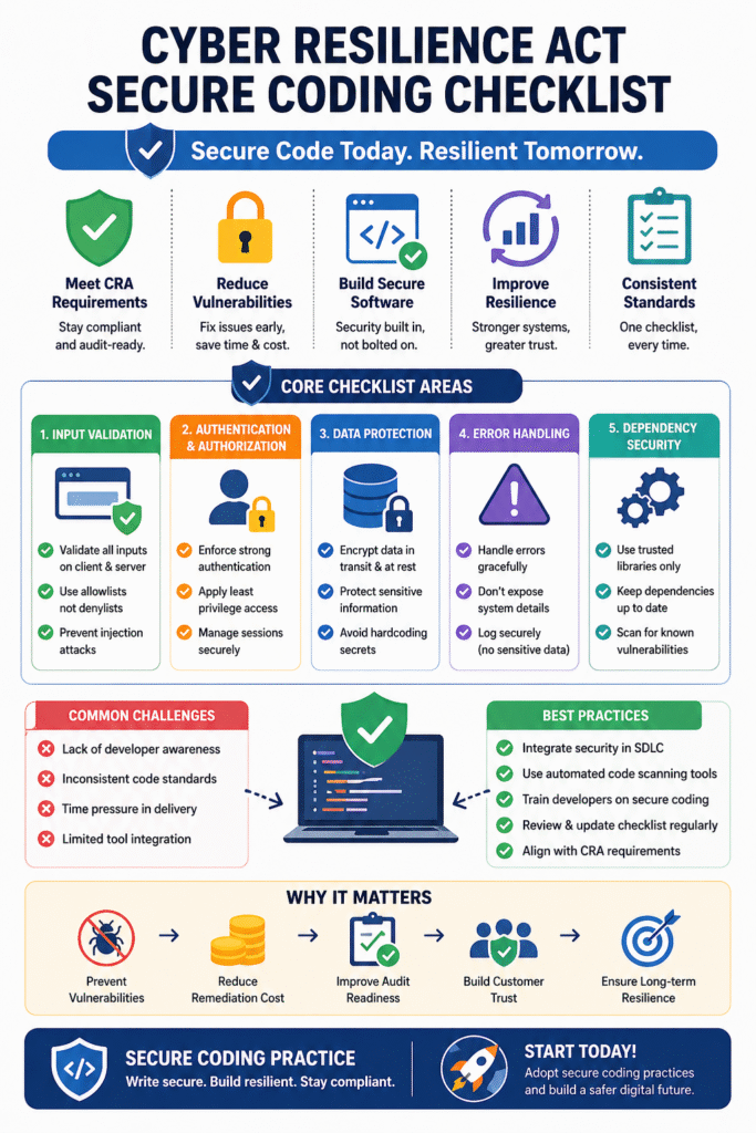 Comprehensive Cyber Resilience Act secure coding checklist infographic with core areas, challenges, and best practices.