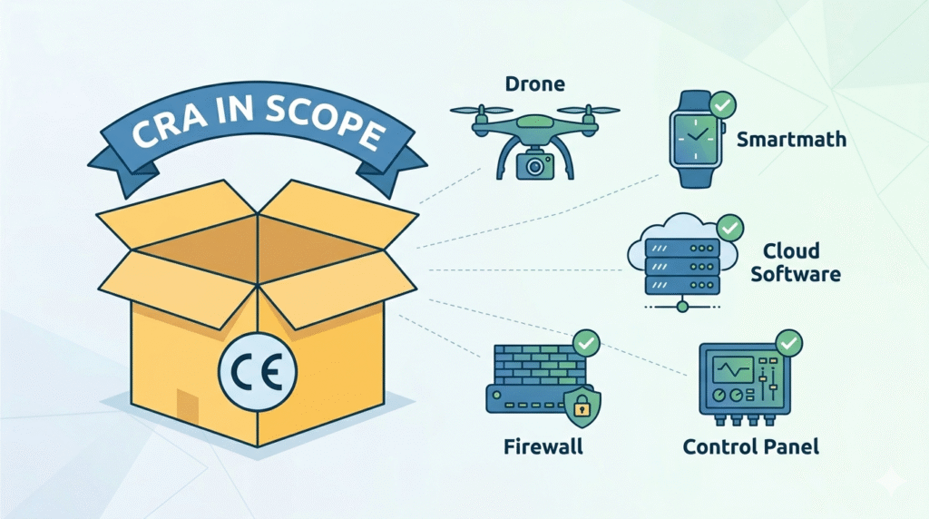 Visual representation of products under the EU digital product security rules, including drones and cloud software.