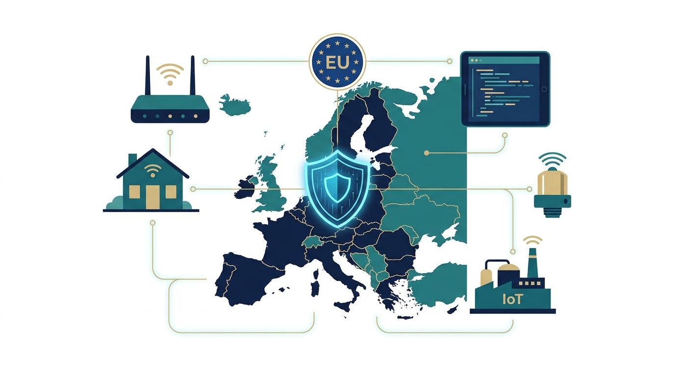 EU product security legislation overview infographic with EU map, shield, and connected IoT devices.