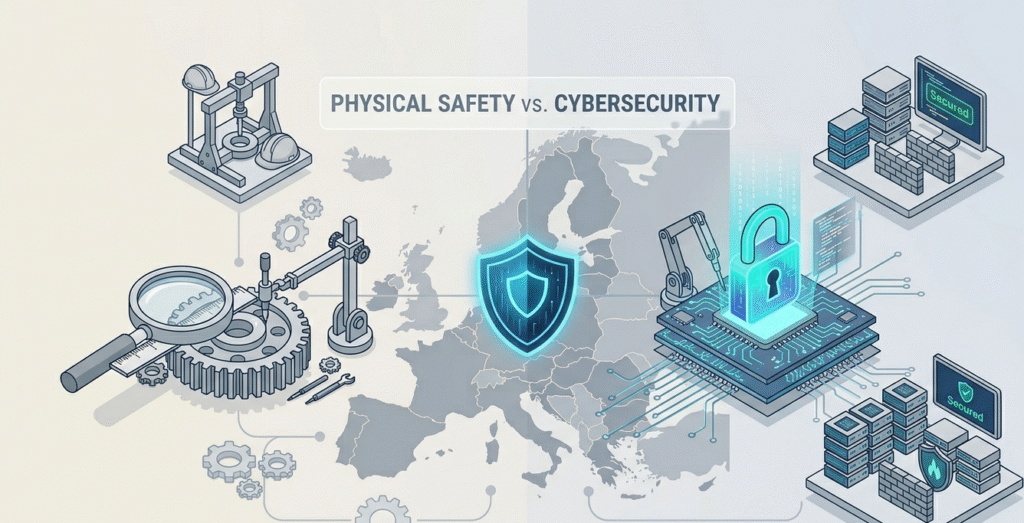 EU product security legislation overview illustration contrasting physical safety with cybersecurity systems.