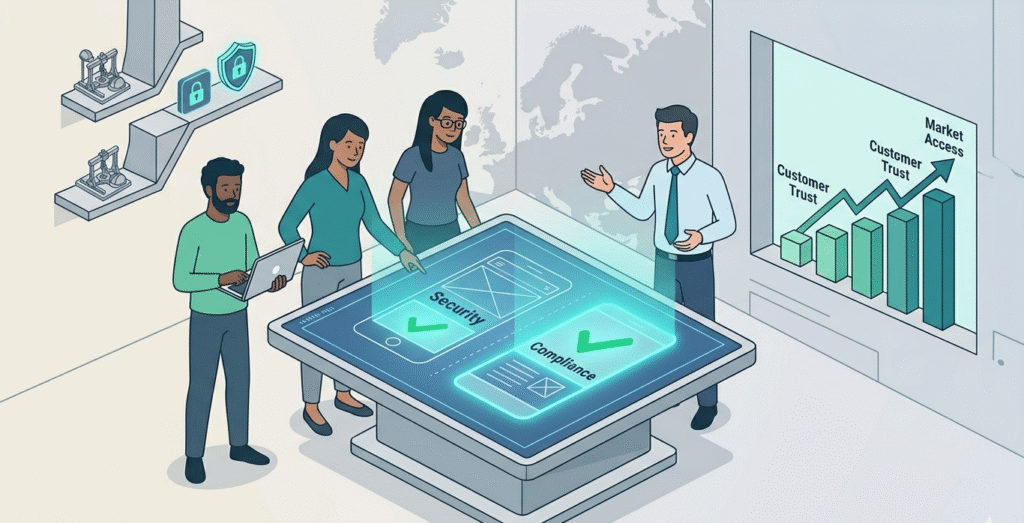 Diverse team reviewing an EU product security legislation overview on a futuristic digital workspace.