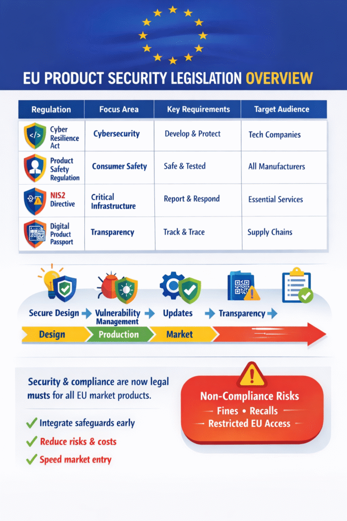 EU product security legislation overview infographic with EU map, shield, and connected IoT devices.