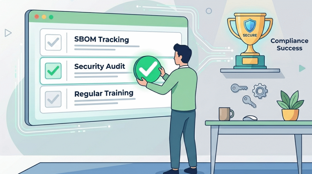 Developer completing a compliance checklist as part of the secure software development eu law workflow.