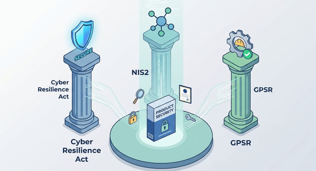 Overview of secure software development eu law featuring the Cyber Resilience Act, NIS2, and GPSR regulatory pillars.