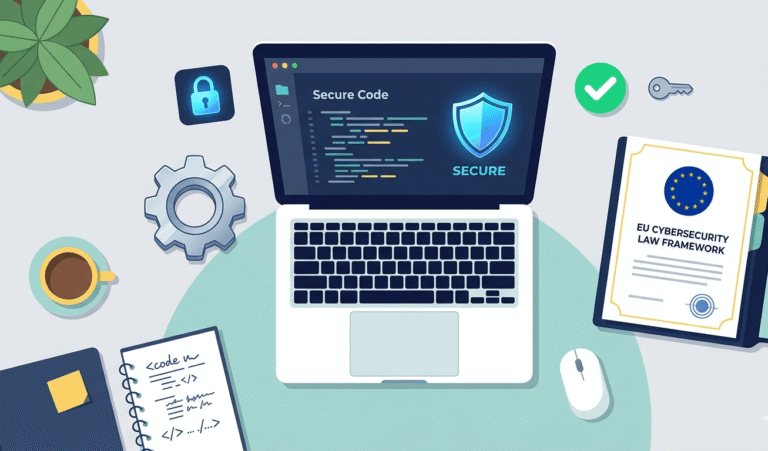 Illustration for secure software development eu law showing a laptop with a digital shield and EU framework documents.