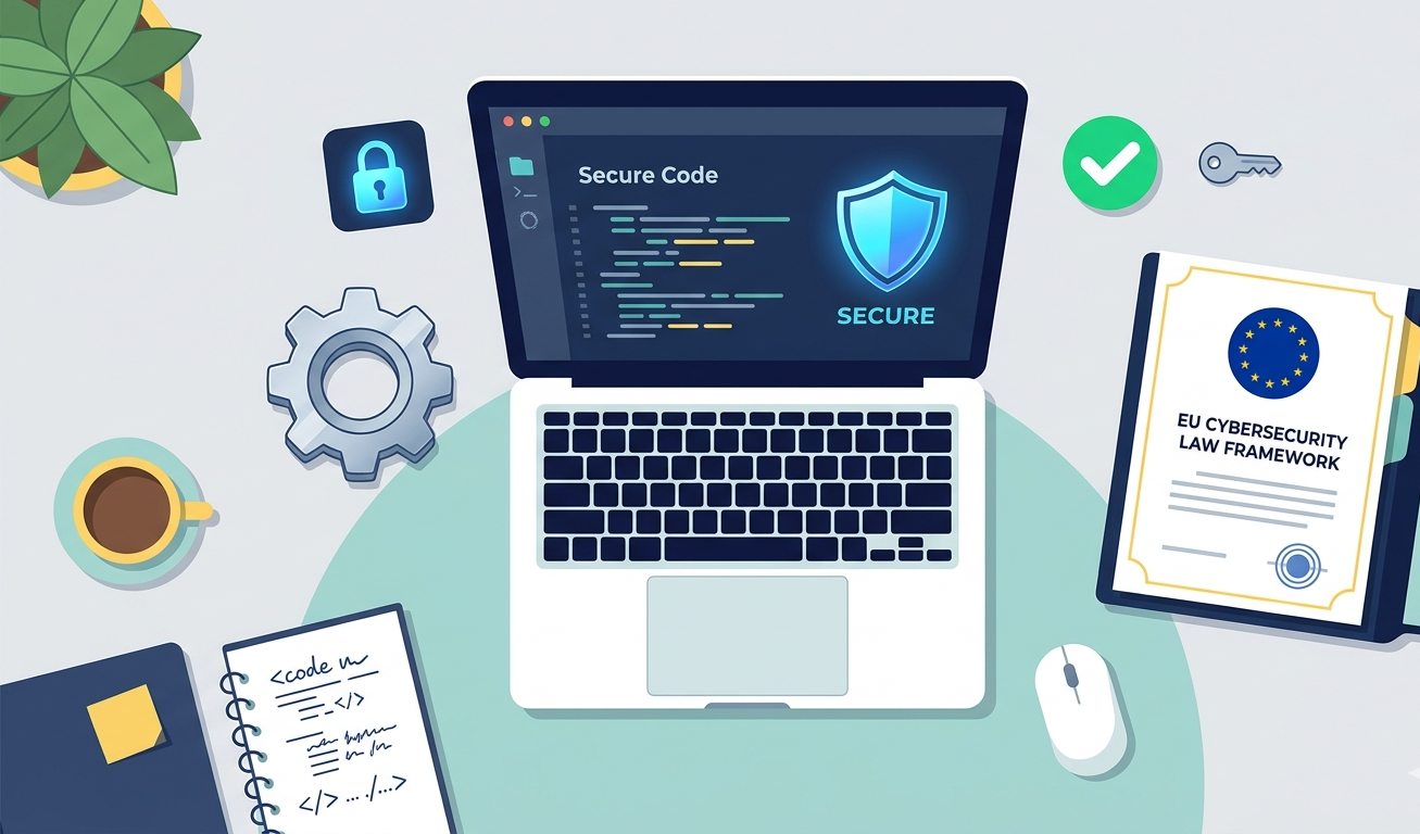 Illustration for secure software development eu law showing a laptop with a digital shield and EU framework documents.