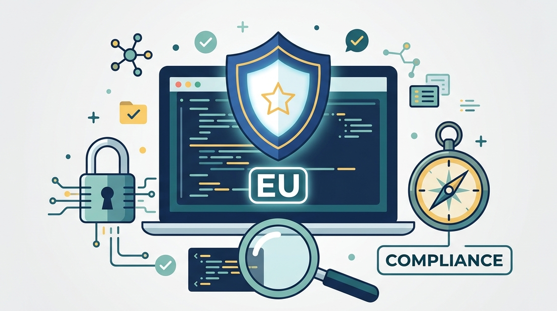 Illustration for cybersecurity requirements for software eu with a laptop, digital shield, and compliance compass.