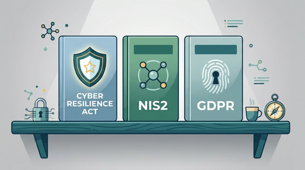 Library shelf representing cybersecurity requirements for software eu through CRA, NIS2, and GDPR regulations.