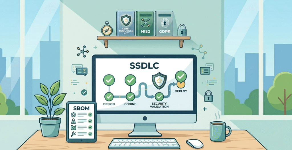 Workstation displaying an SSDLC chart and SBOM list for cybersecurity requirements for software eu compliance. 