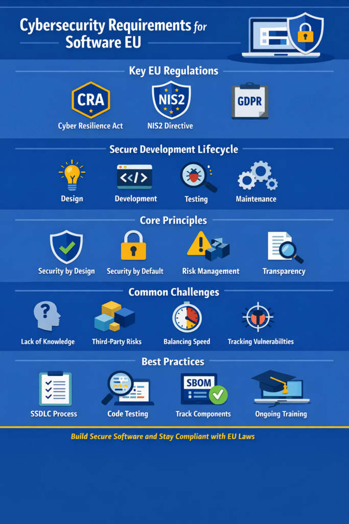 Overview infographic of cybersecurity requirements for software eu across the digital product development lifecycle.