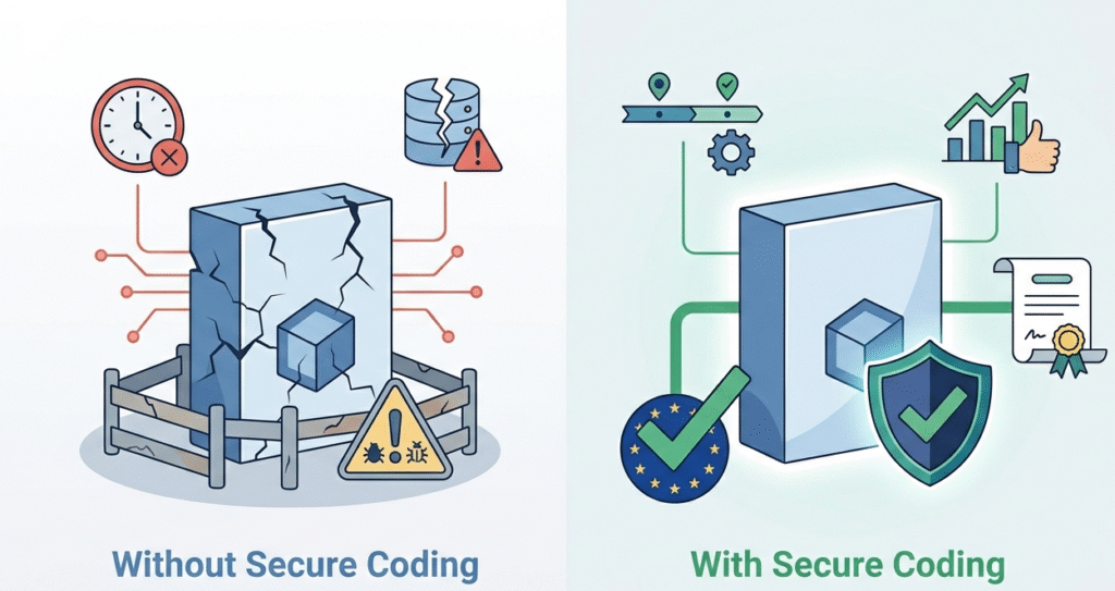Comparison showing how secure coding regulatory expectations eu lead to polished software and reduced risk.