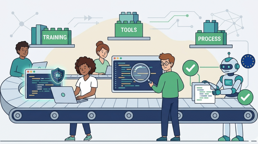 Collaborative team following secure coding regulatory expectations eu within an automated CI/CD pipeline.